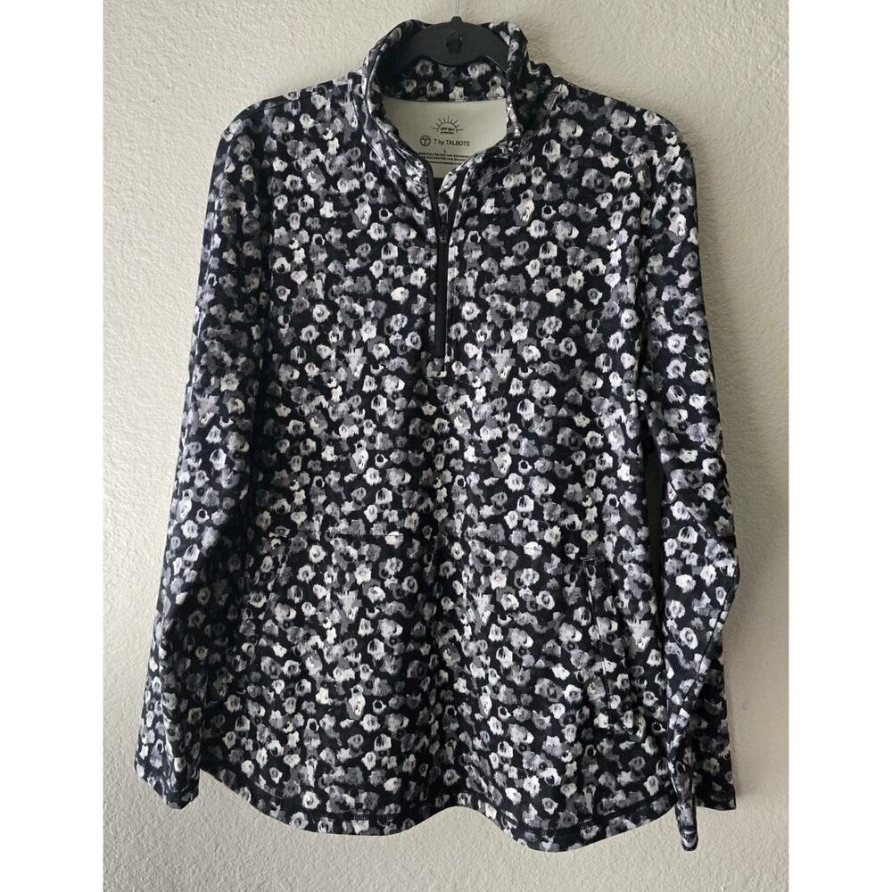 T by Talbots UPF 50+ Stretch Animal Print Pullover Mock Neck Zip Black White L